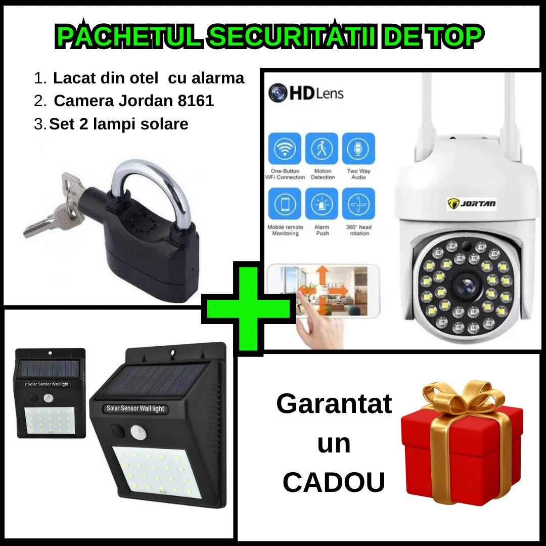 Pachetul securitatii de top - Camera de Supraveghere WIFI, Rotativa cu Vedere Nocturna Jortan 8161 + Set 2 Lampi Solare cu Senzor de Miscare + Card de memorie