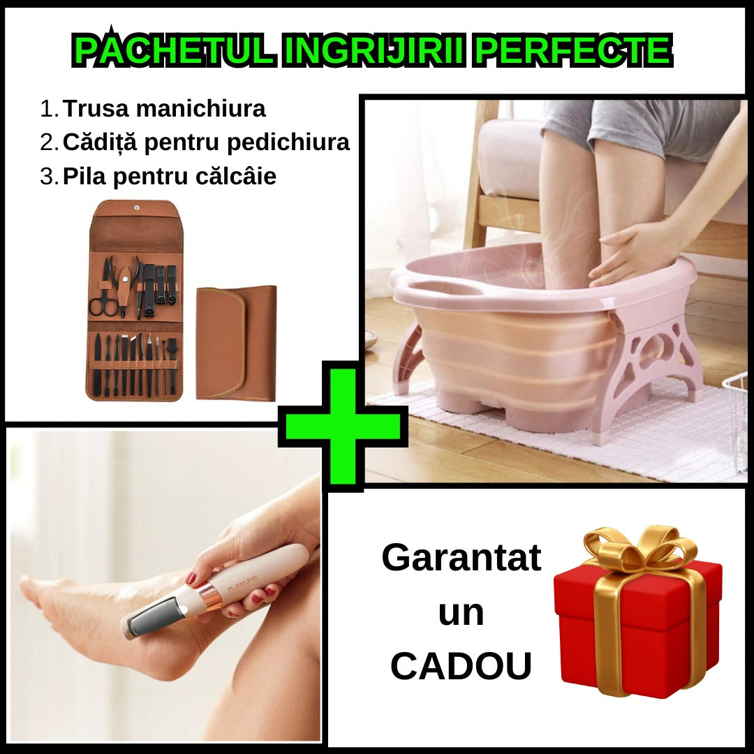 Pachetul ingrijirii perfecte - Trusa pentru Manichiura si Pedichiura cu 16 Piese + Pila Electrica pentru Calcaie + Cadita Pliabila pentru Spa