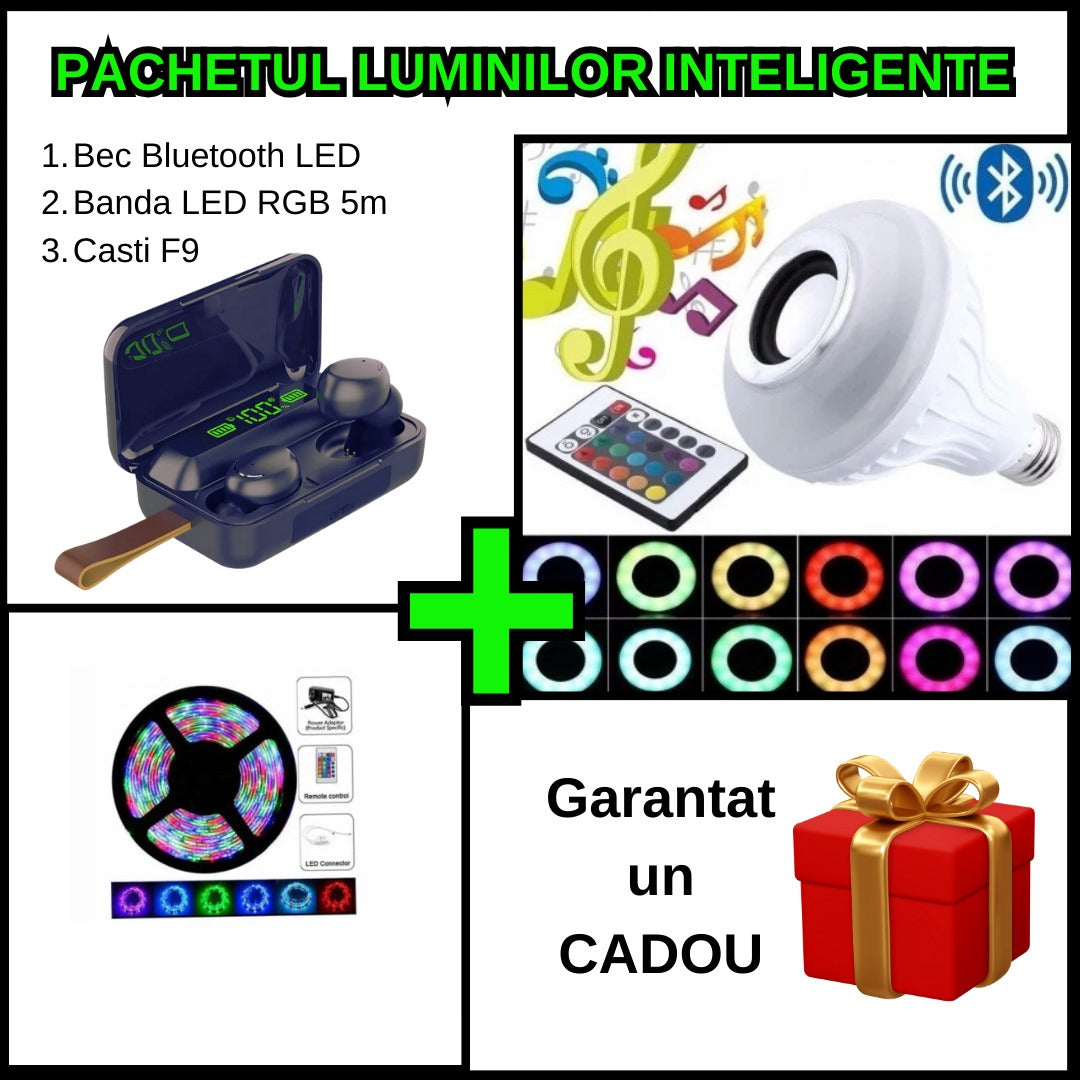 Pachetul luminilor inteligente - Bec Bluetooth LED cu Boxa Incorporata + Banda LED RGB 5 Metri cu Telecomanda + Casti Wireless F9, Bluetooth 5.0, Touch Control