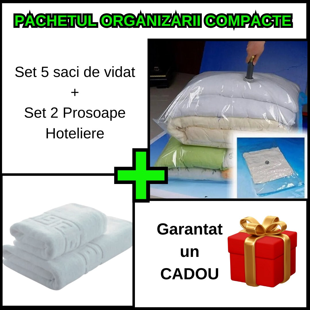 Pachetul organizarii compacte - Set 5 Saci de Vidat + Set 2 x Prosop pentru Baie din Bumbac 100%