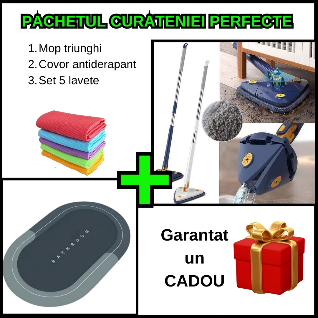 Pachetul curateniei perfecte - Mop Triunghiular Inovativ CleanMaster + Covor Antiderapant si Absorbant + Set 5 Lavete din Microfibra Absorbante