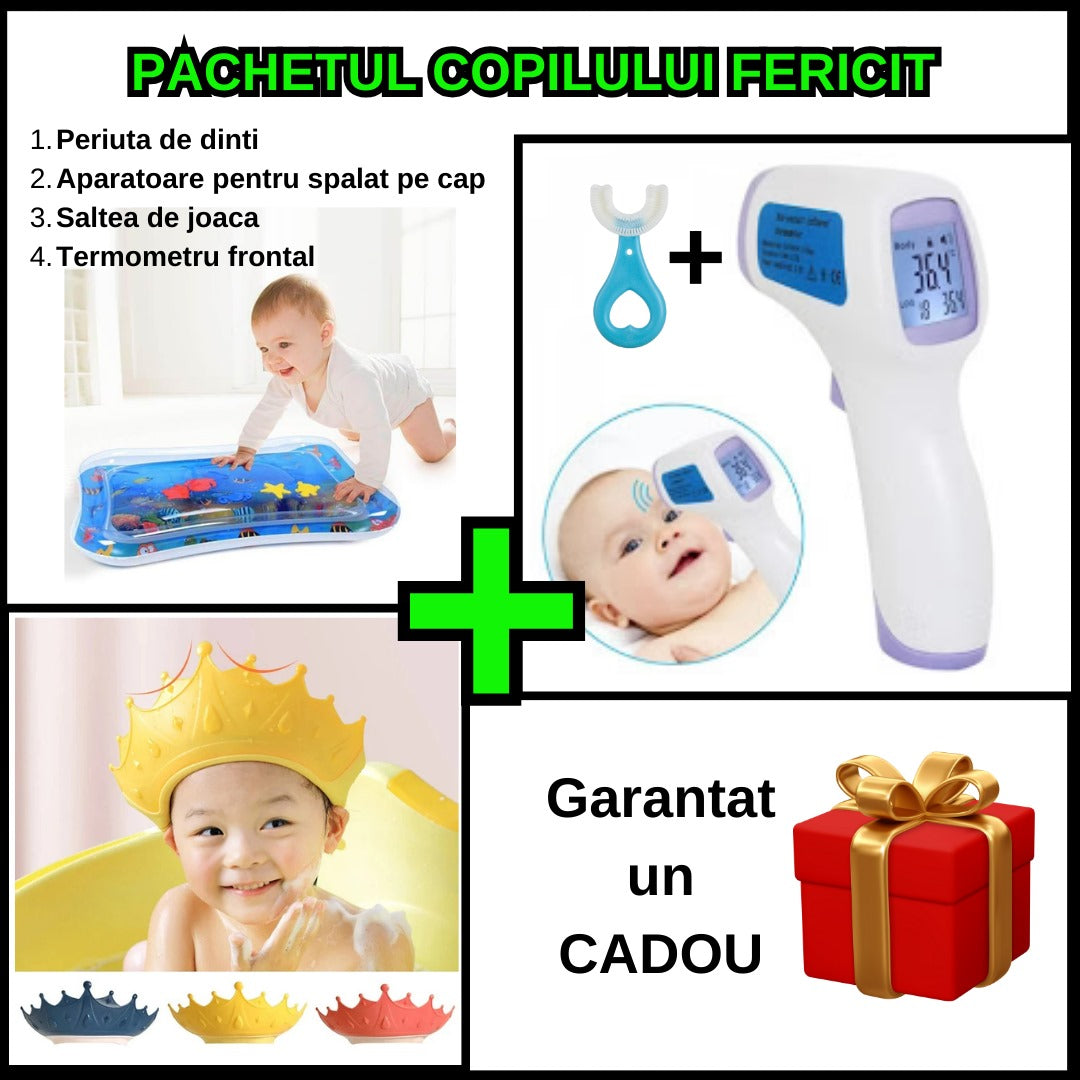 Pachetul copilului fericit - Periuta de Dinti pentru Copii + Aparatoare pentru Spalat pe Cap + Salteluta Interactiva + Termometru Frontal
