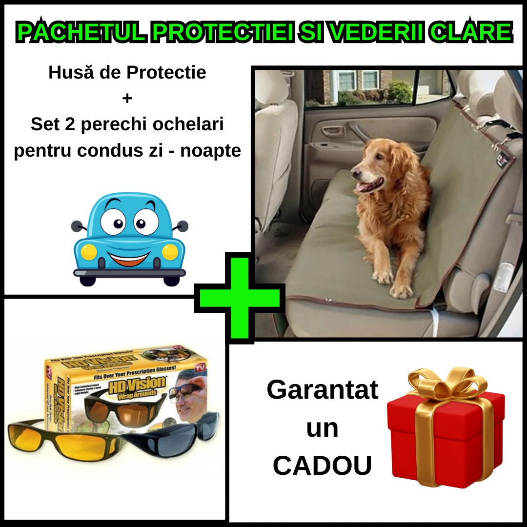 Pachetul protectiei si vederii clare - Husa Auto de Protectie pentru Animale + Set Doua Perechi de Ochelari pentru Condus Zi/Noapte