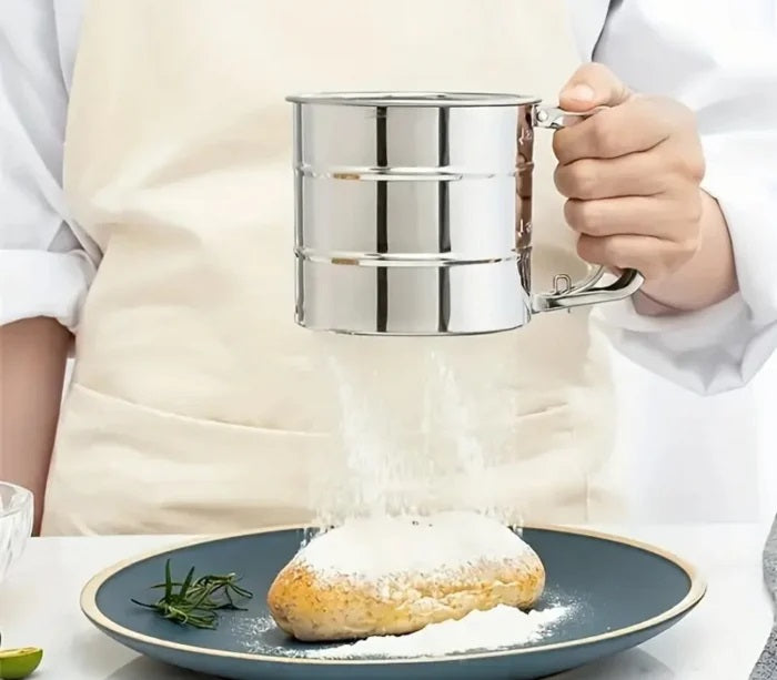 Cana din Inox cu Sita pentru Cernut Faina sau Zahar