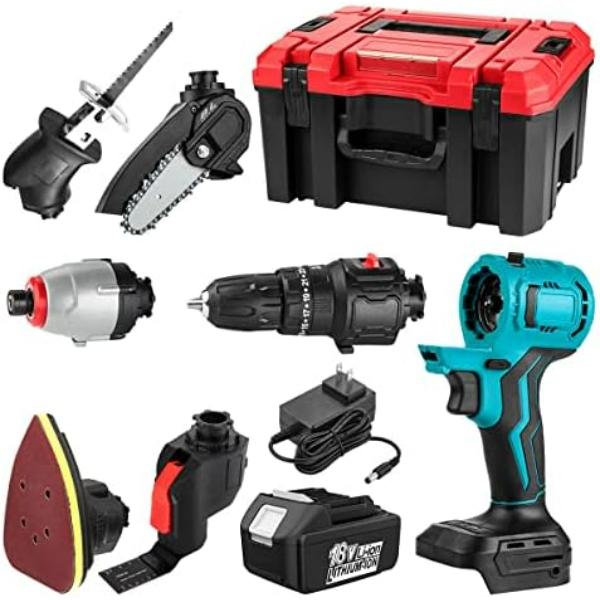 Set Multifuncțional de Scule Fără Fir 5 in 1 cu 2 Acumulatori-Bormasina, Drujba, Fierastrau, Surubelnita, Cap de Slefuire, Lopata, Cap Multifunctional