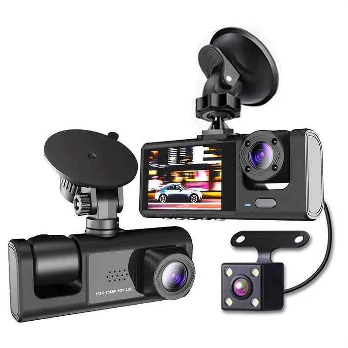 Camera Auto Tripla Full HD 1080p cu Ecran 2 Inch, Senzor de Miscare, Night Vision, Monitorizare Parcare și Filmare în Bucla