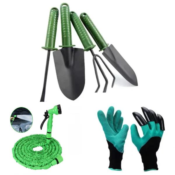 Set 4 unelte de Grădinărit + Set Manusi cu Gheare + Furtun Extensibil de 30 Metri cu Dispozitiv de Stropit