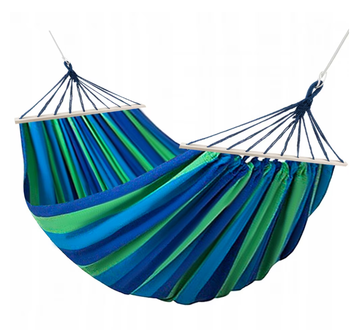 Hamac XXL Garden, 260x160 cm, bumbac + poliester, bare lemn, capacitate 150 kg, albastru-verde