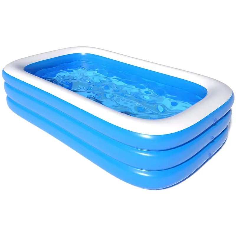 Piscina gonflabila mare pentru copii si adulti, PVC rezistent, 210x135x56 cm, 3 camere aer, albastru/alb