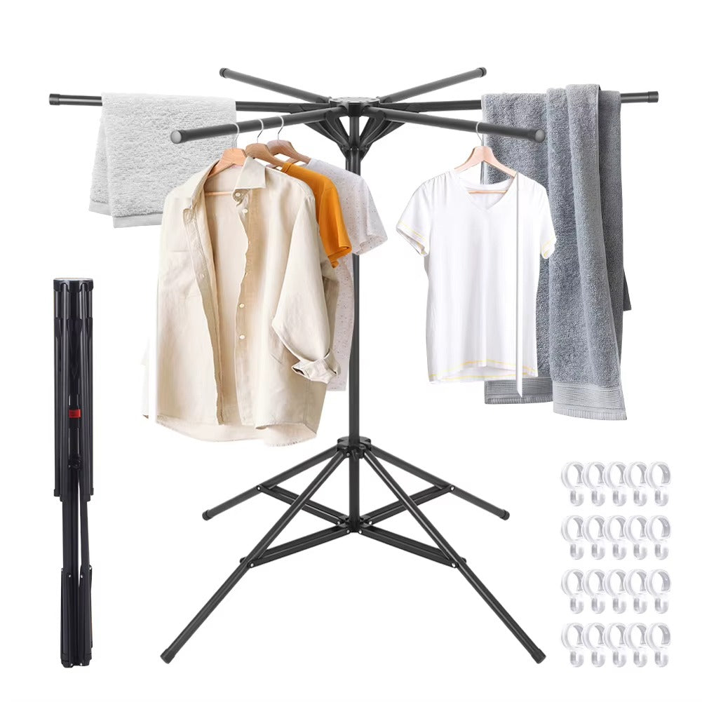 Uscator Rufe Tripod Pliabil cu 6 Brate, Inaltime Reglabila, Otel Carbon, 15 kg Capacitate, Interior si Exterior