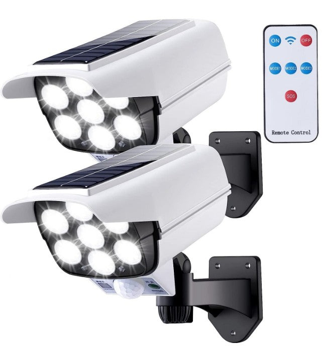 Set 2 x Lampi Solare Exterior Tip Camera Falsa cu 77 LED-uri, Senzor de Miscare si Amurg, 3 Moduri de Iluminare, Telecomanda, IP65