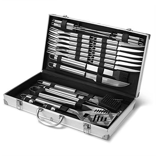 Set ustensile pentru gratar 26 piese, otel inoxidabil premium, geanta aluminiu captusita, accesorii complete pentru gatit in aer liber