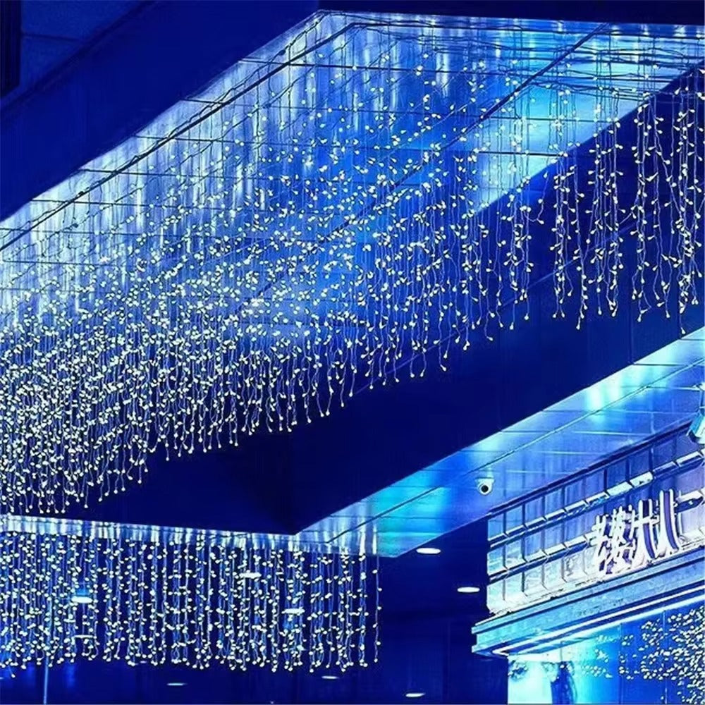 Instalatie Luminoasa cu Franjuri Lungi 1m, Lungime 25m, 640 LED Albastru, 8 Jocuri de Lumini, Fir Alb, Interconectabila pentru Exterior si Interior