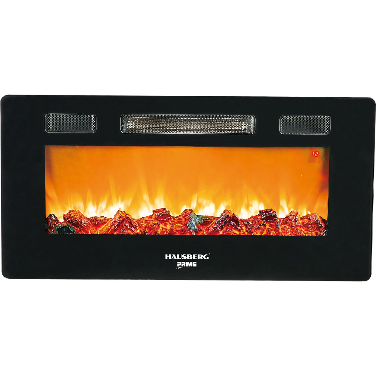 Semineu Electric Digital de Perete Hausberg HB-8225NG, 1800W, Efect de Flacara LED, Termostat Digital Reglabil, Telecomanda si Ventilator Turbo