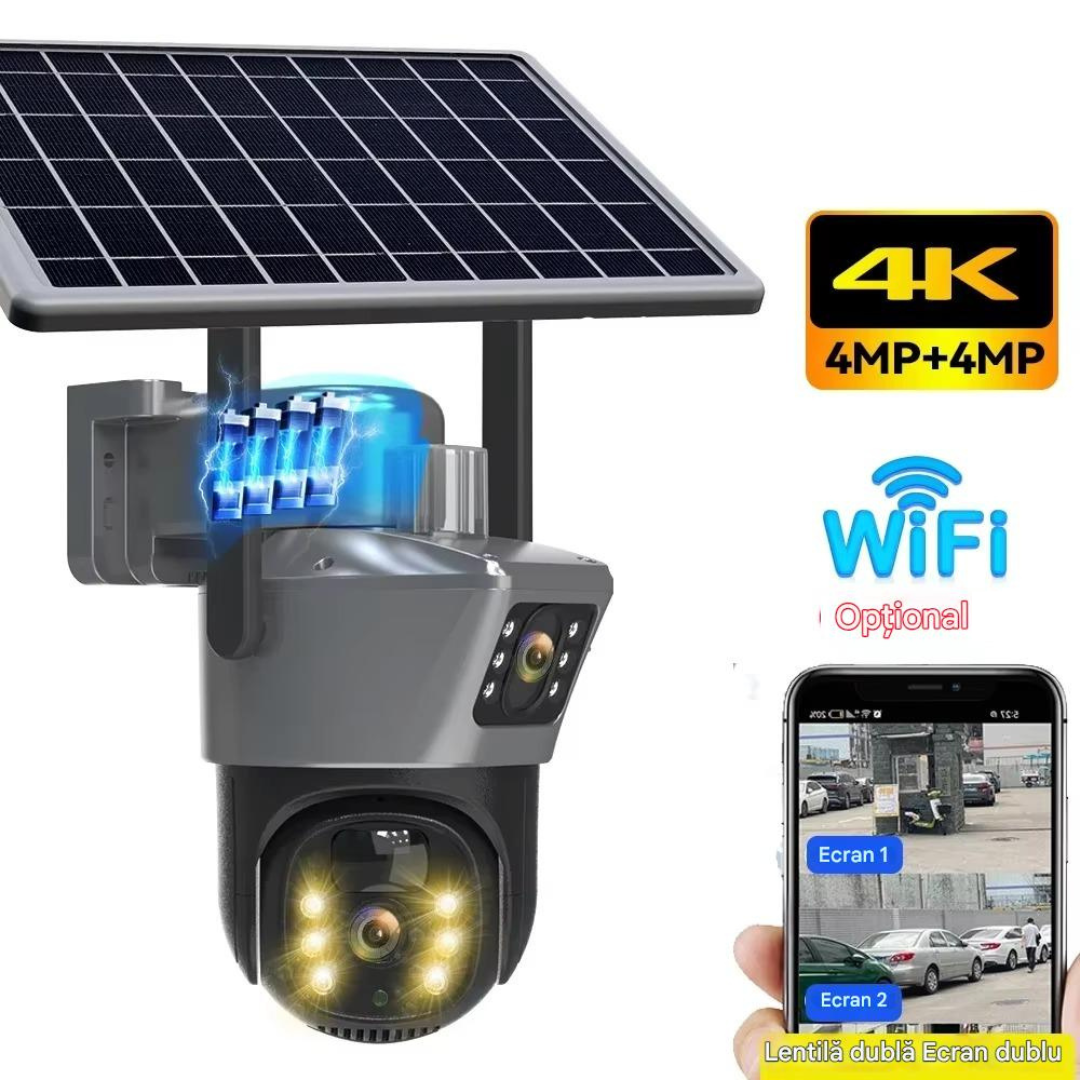 Camera de Supraveghere Solara 4K 8MP cu Cartela SIM 4G, Dubla Lentila, Rotatie 360 Grade, Detectie Inteligenta de Miscare si Vedere Nocturna Color