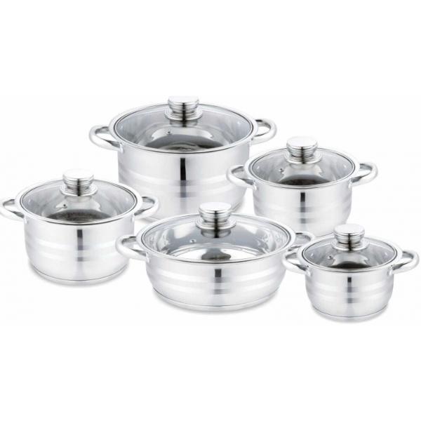 Set 5 Oale Inox cu Capace din Sticla Termorezistenta, Dimensiuni 18-20-22-24-26 cm, Baza Termica, Manere Metalice, Gatit Zilnic, Compatibile Toate Plitele