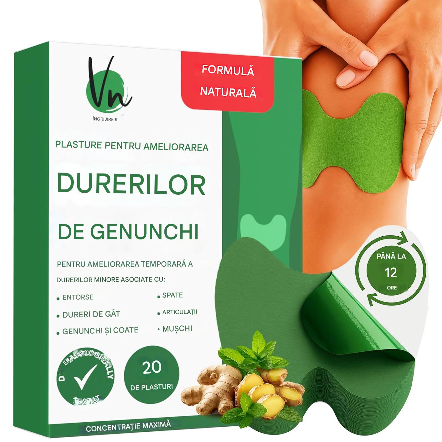 Set 100 Plasturi pentru Genunchi, Formula Naturala cu Plante Medicinale, Calmare Rapida a Durerii Articulare, Efect de Lunga Durata