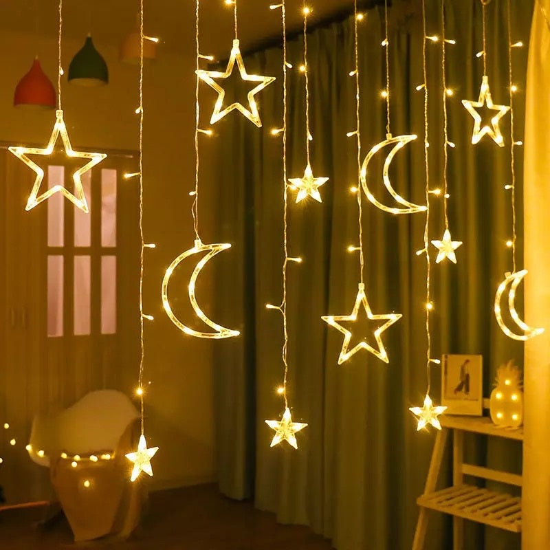 Decoratiune LED ext/int, Perdea, Luna si Stele - Alb Cald