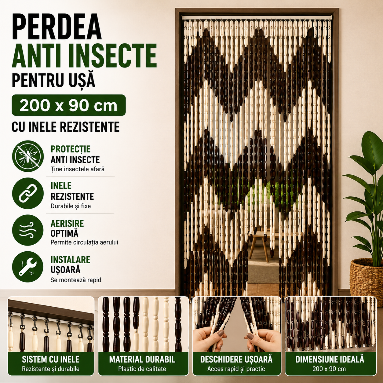 Perdea Anti Insecte pentru Usa 200x90 cm cu Inele Rezistente – Protectie Eficienta Impotriva Mustelor si Tantarilor, Montaj Rapid, Design Discret Bej Maro