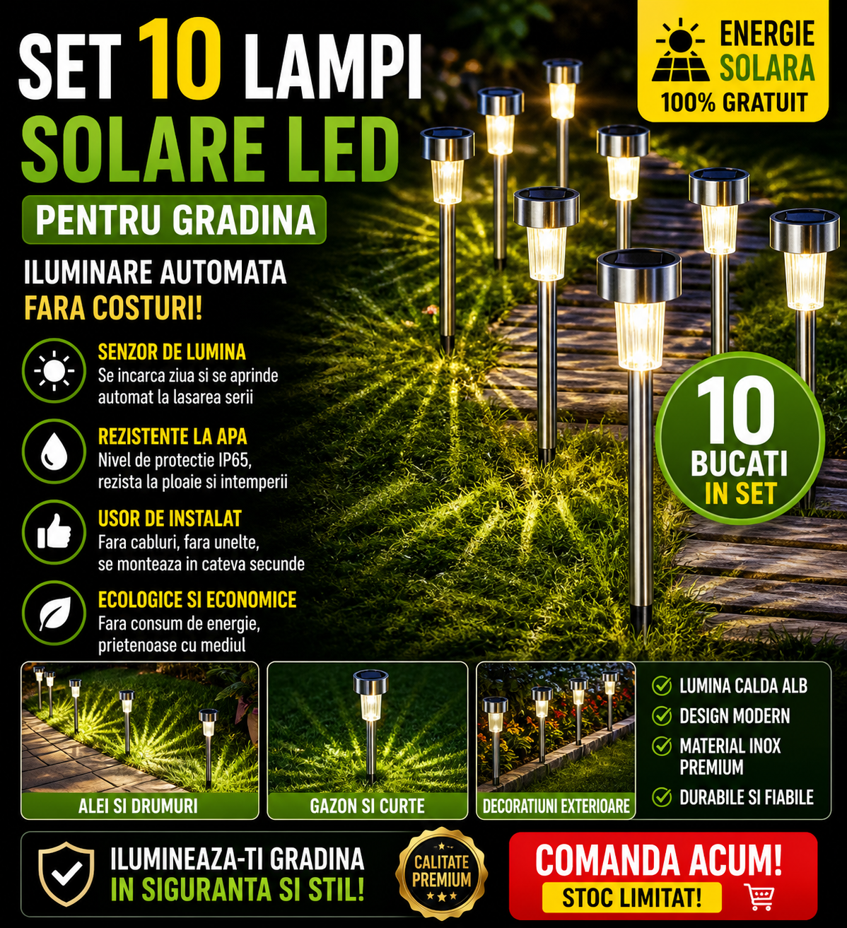 Set 10 x Lampa Solara De Gradina Inox , Tip Tarus