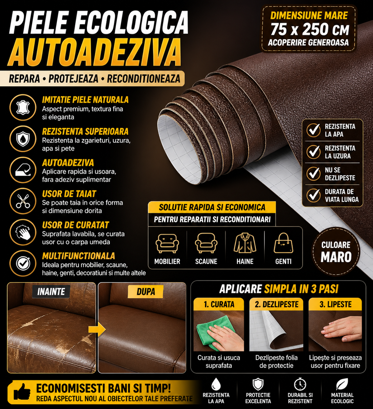 Folie Autoadeziva Piele Ecologica Maro 75x250 cm, Reconditionare Mobila si Interior Auto, Flexibila si Durabila
