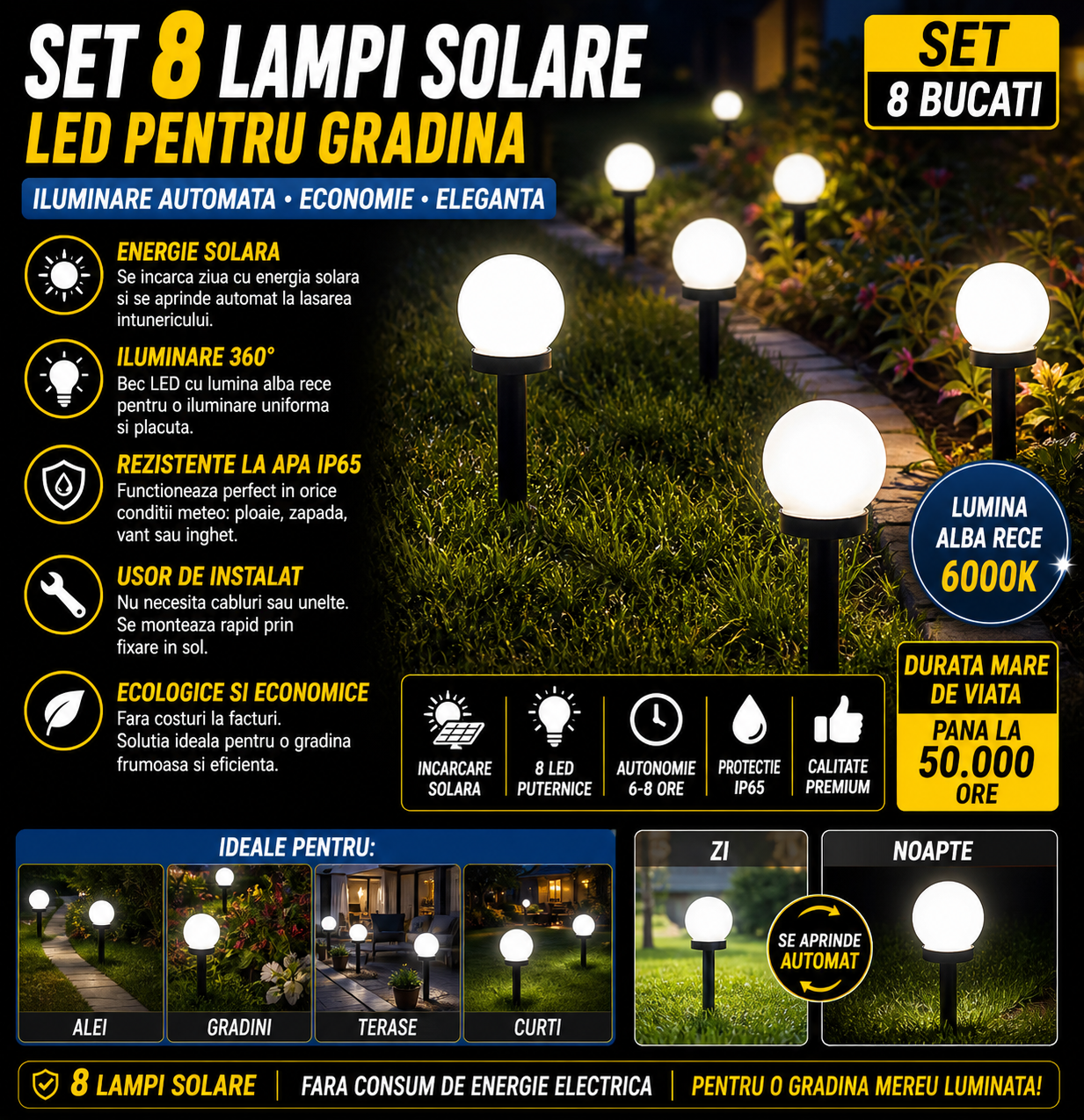 Set 8 x lampa solara tip glob pentru gradina, IP44, H 33