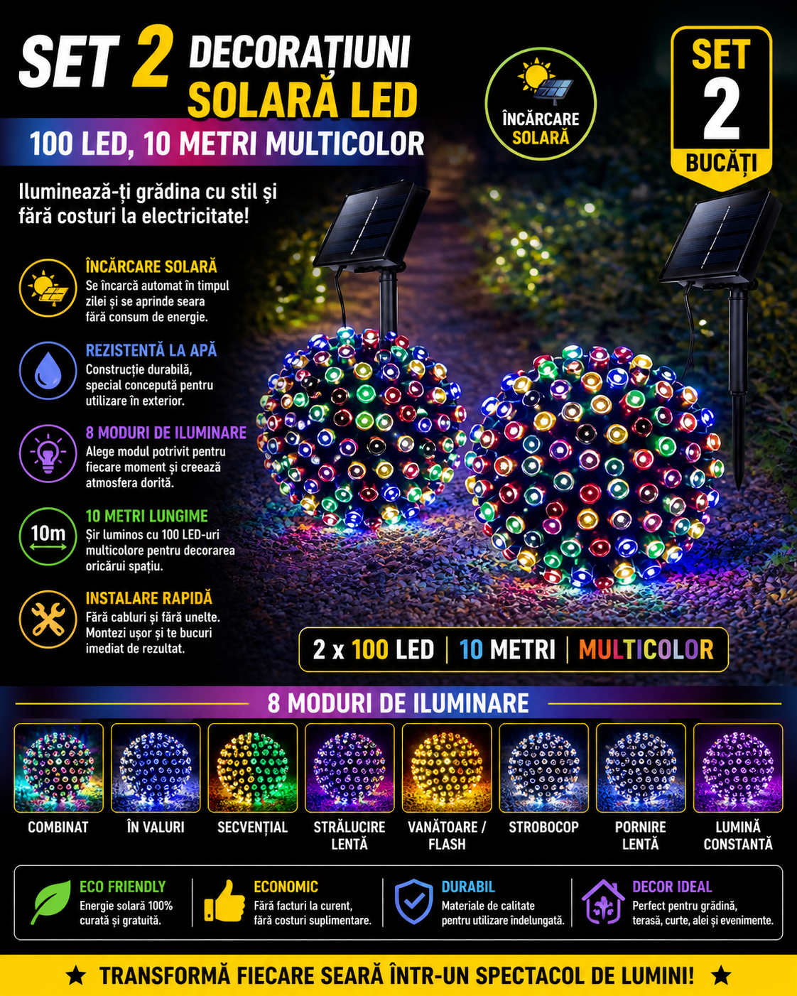 Set 2 x Decoratiune cu Incarcare Solara 100 LED, 10 Metri - Multicolor