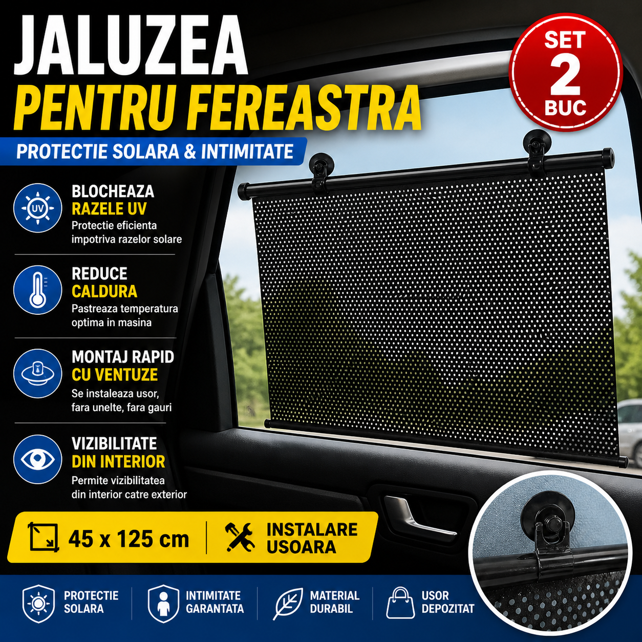 Lichidare de Stoc! Set 2 x Jaluzea cu Ventuza 45 x 125 cm