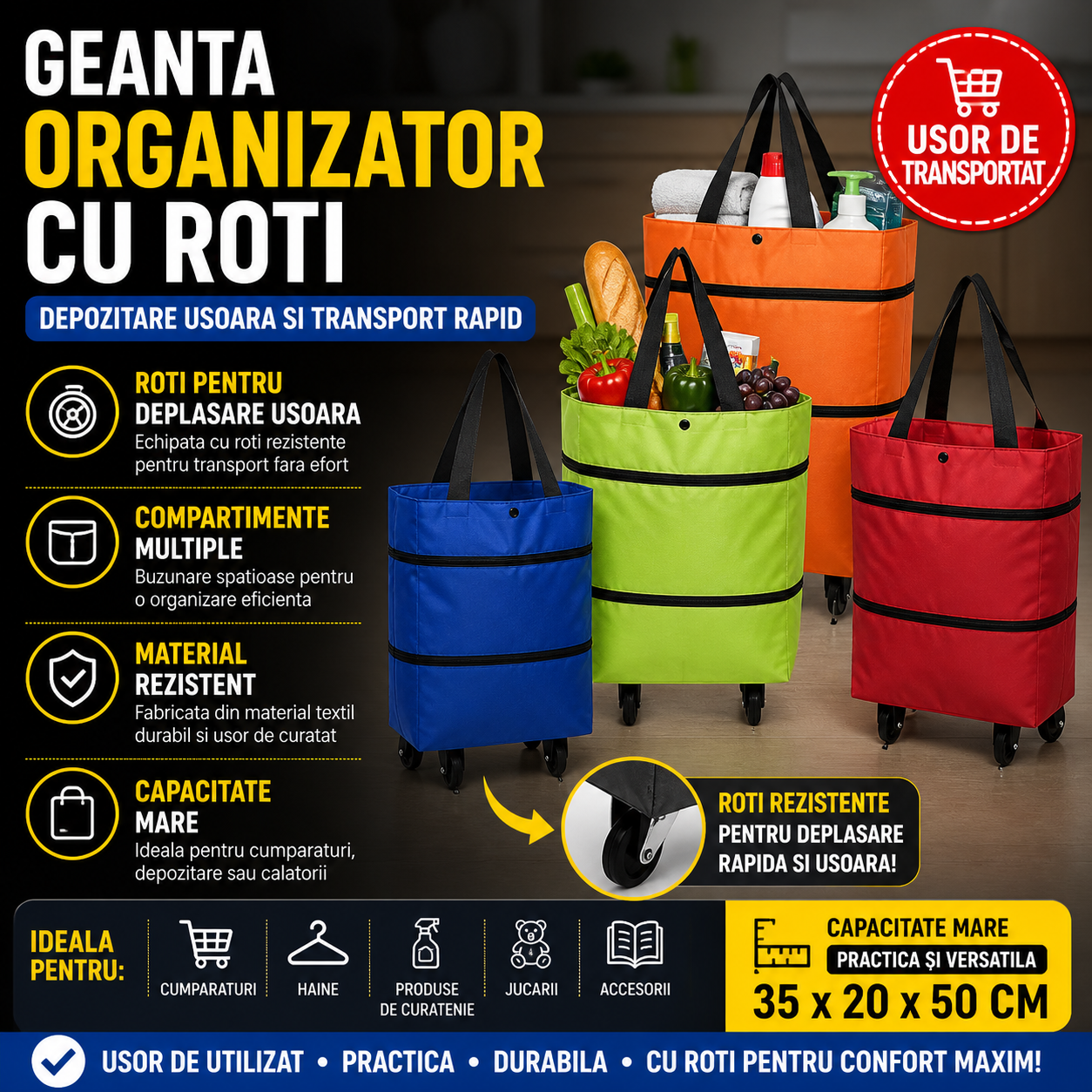 Geanta pliabila de cumparaturi, extensibila cu roti