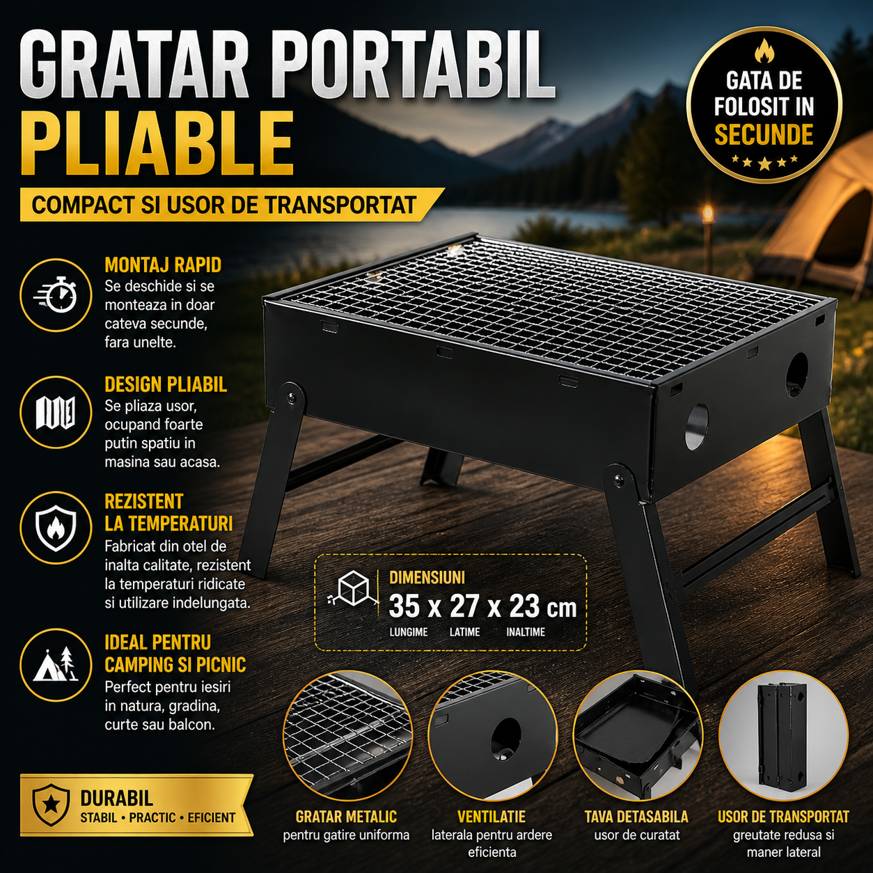 Gratar Portabil Pliabil pe Carbuni din Metal Negru, Tava Cromata, Compact si Usor de Transportat