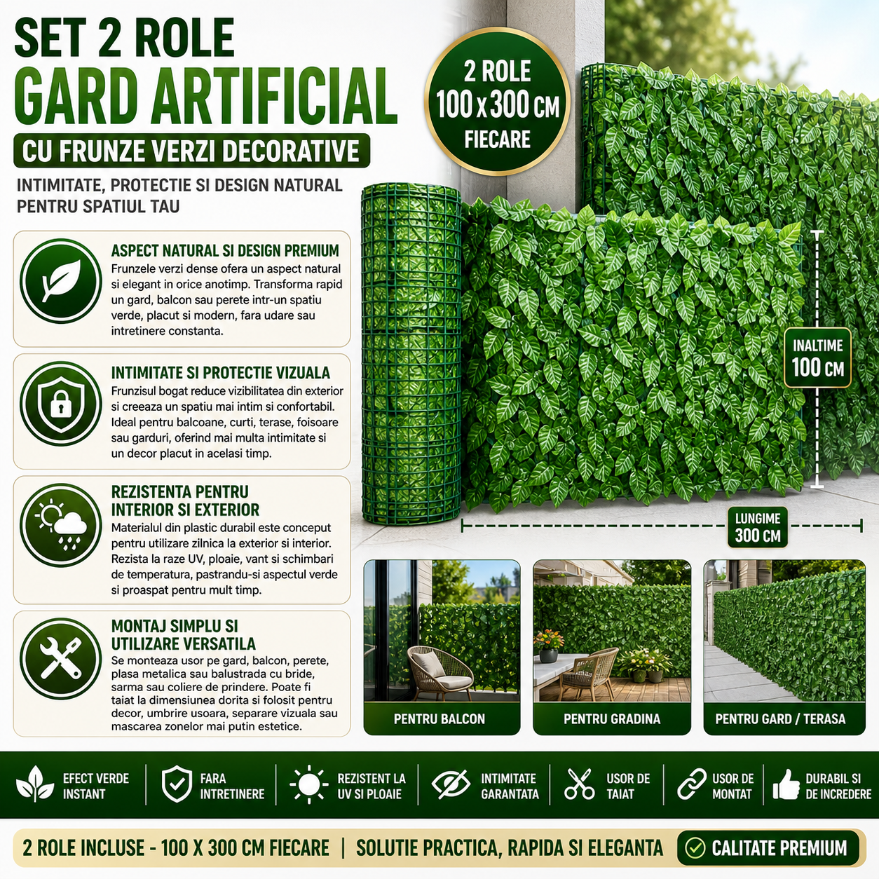 Set 2 x Gard Artificial cu Model Frunze Verzi pentru Decorarea Gradinii, 100 x 300 cm
