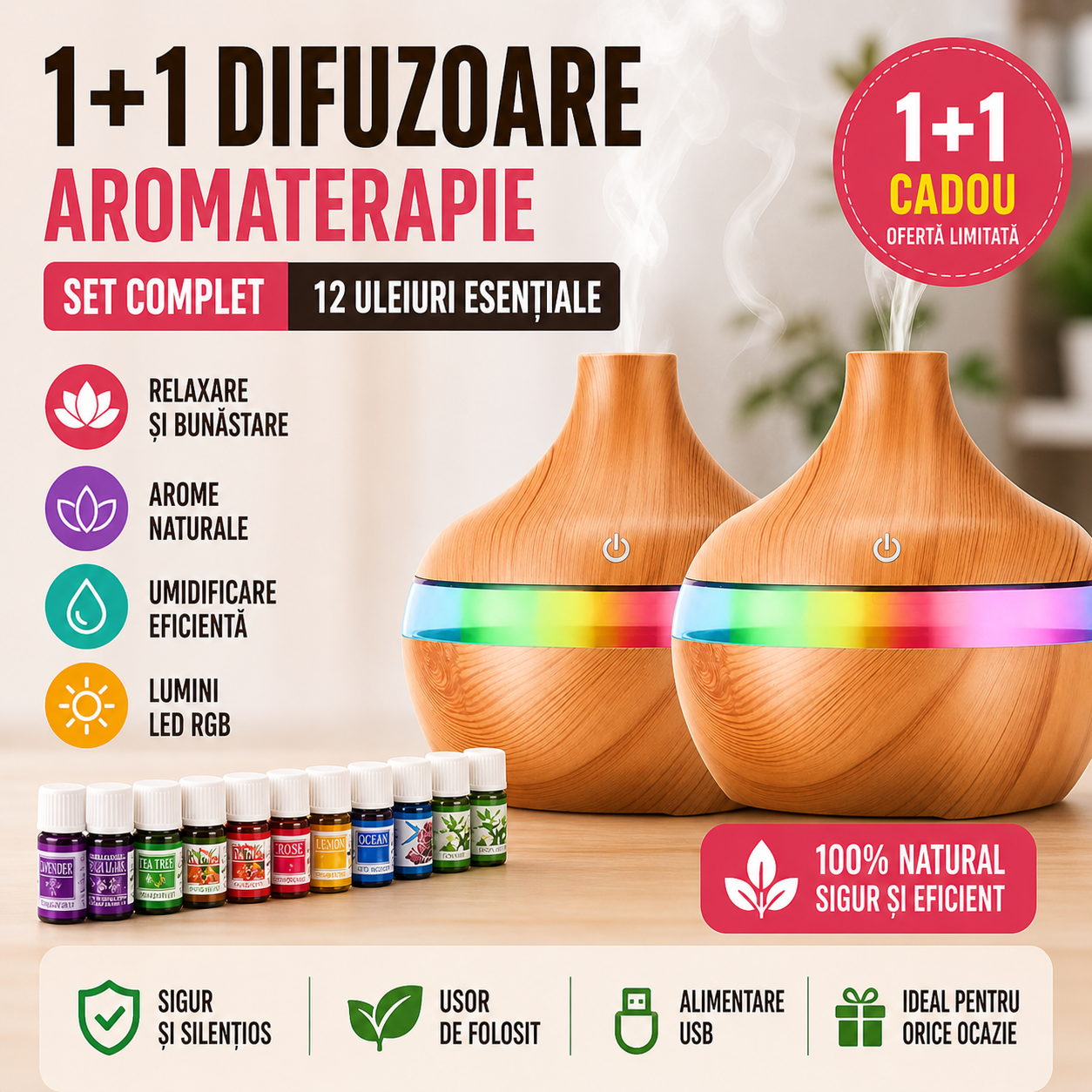 Lichidare de Stoc! 1+1 Difuzor pentru Aromaterapie + Cadou 24 de Uleiuri Esentiale