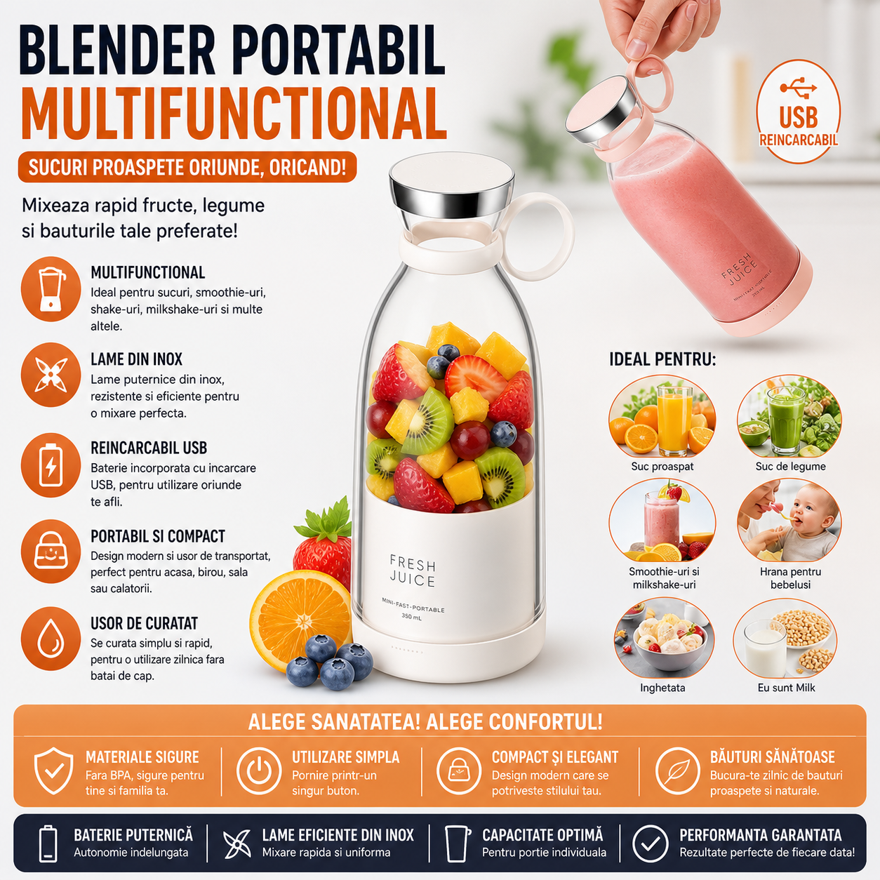 Blender Multifunctional Fresh Juice, Portabil cu Incarcare Usb , 420 ml