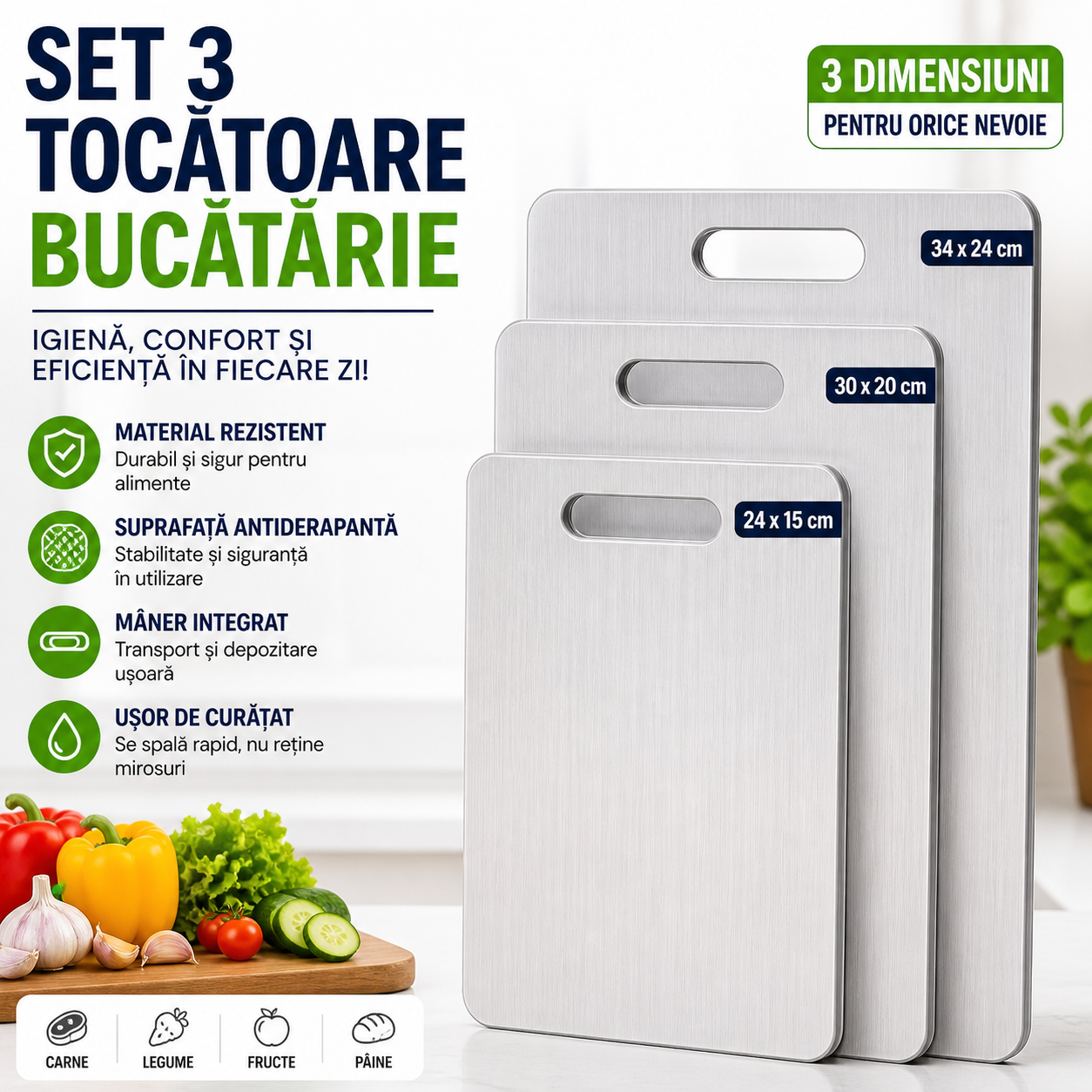 Set 3 x Tocator din Otel Inoxidabil Alimentar, Suprafata Antibacteriana, Ultra Rezistent, 3 Dimensiuni pentru Toate Preparatele