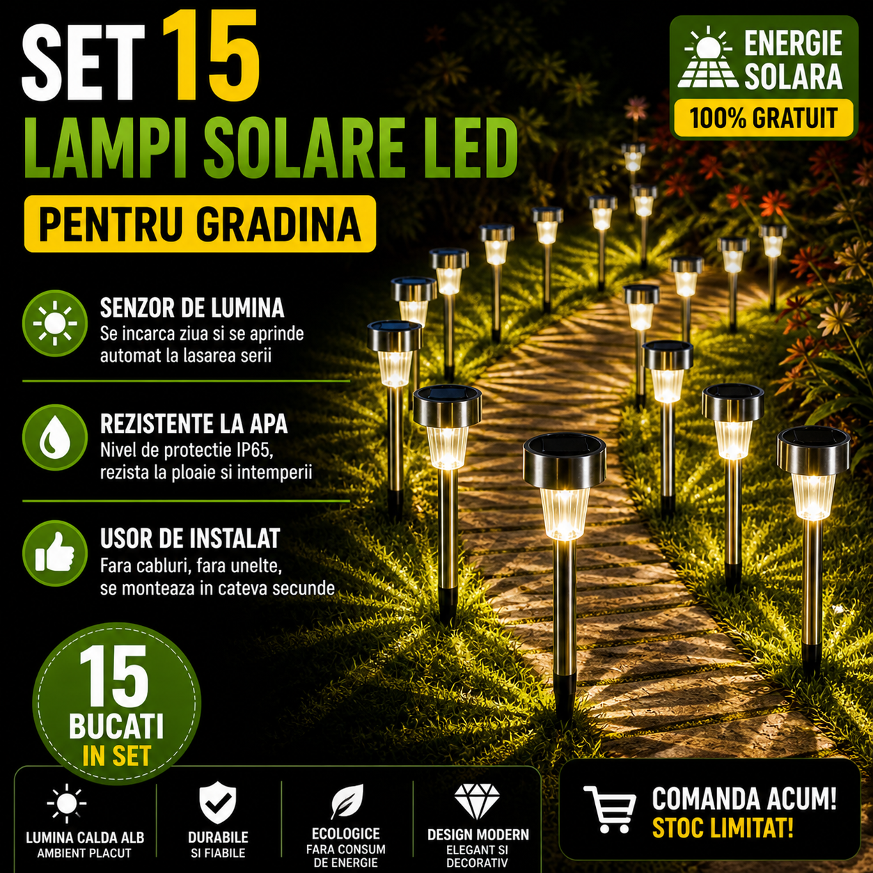 Set 15 x Lampa Solara De Gradina Inox , Tip Tarus
