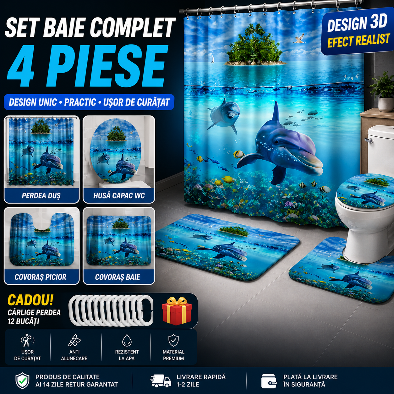 Set Pentru Baie: Perdea, Covorase Si Husa De Toaleta - Two Dolphins