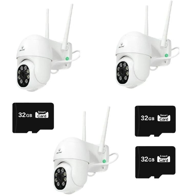 Set 3 x Camere de Supraveghere Video , 32 Leduri, Rotative, Infrarosu, Rezistanta la apa + 3 carduri 32GB