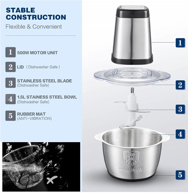 Tocator electric, vas din inox, 3 Litri, 18 x 18 x 14 cm