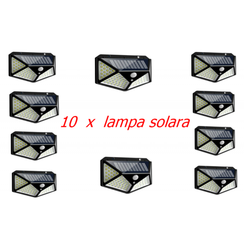 Set 10 x lampa cu incarcare solara 100 led, 10W, senzor de miscare si 3 moduri de iluminare, rezistenta la apa