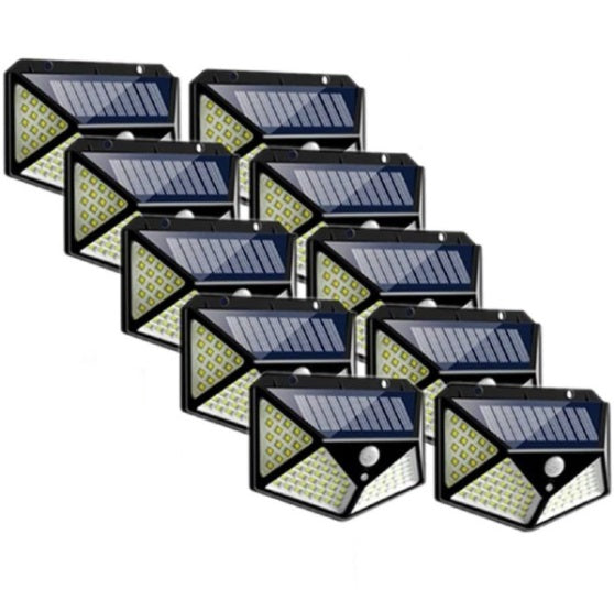 Set 10 x lampa cu incarcare solara 100 led, 10W, senzor de miscare si 3 moduri de iluminare, rezistenta la apa