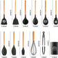Set 12 ustensile de gatit din silicon, maner rezistent din bambus negre