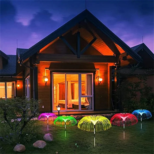 Set 4 x Lampa solara tip meduza, fibra optica LED RGB, 60 cm, rezistenta la apa