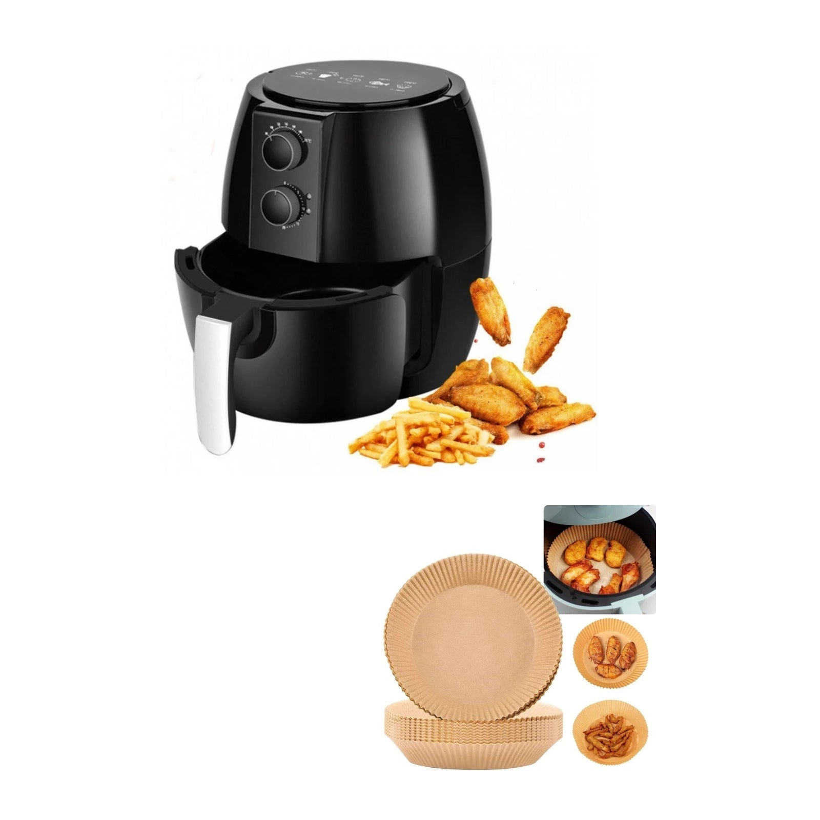 Friteuza fara ulei, Air Fryer, 1350W, 5L + Set 50 hartii de copt pentru friteuza 16 cm