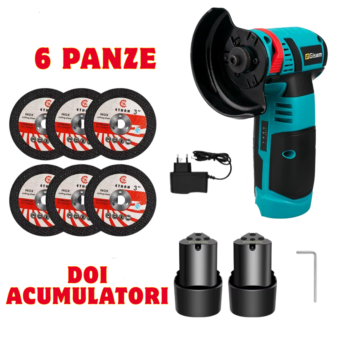 Mini Polizor Portabil GrinderPro 500W cu 2 Acumulatori 48V si 6 Discuri Incluse