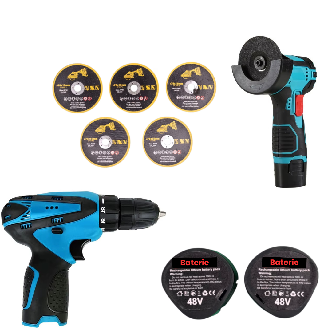 Set Portabil 2 in 1 cu Masina de Gaurit 48V si Polizor Unghiular Compact 10000 RPM, Acumulatori Reincarcabili, Discuri de Taiere Incluse si Accesorii Complete AFO