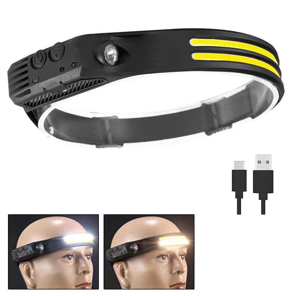 Lanterna Frontala LED Profesionla cu Banda Silicon, USB, Rezistenta la Apa, Senzor Mișcare, 3500 mAh, Camping, Munca, Reparatii BAS
