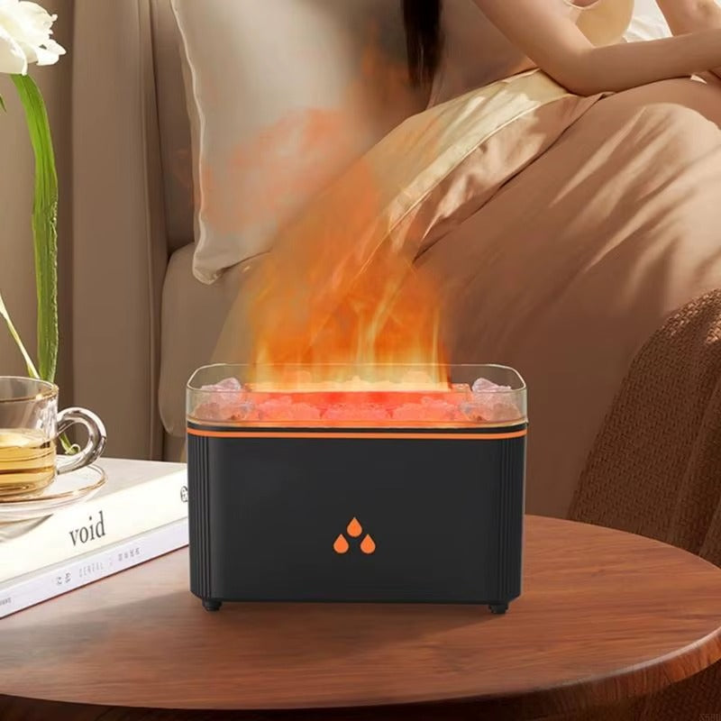 Umidificator cu Efect de Flacara, Difuzor de Arome si Lampa Colorata din Sare, cu Simulare Vulcan si Pulverizare Fina Pentru Casa si Birou, Alb si Negru