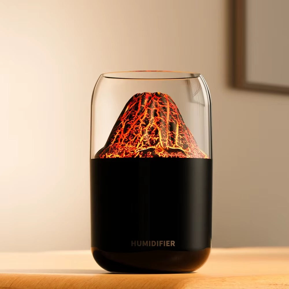 Umidificator cu Flacara Rece, Luminare Tip Vulcan si Aromaterapie, Pulverizare Fina si Functionare Silentioasa, Rezervor 300 ml