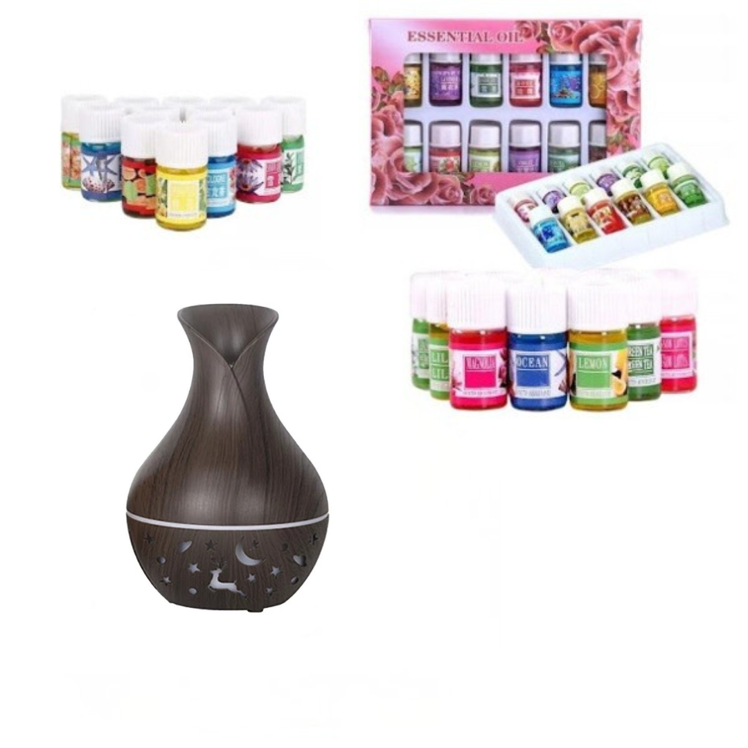 Set 2 X Umidificator cu Ultrasunete 200 ml, Difuzor Aromaterapie cu 7 Culori LED, Design Tip Vaza Lemn Inchis, Alimentare USB, CADOU 12 Uleiuri Esentiale