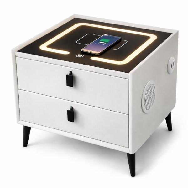 Noptiera Smart Multifunctionala cu 2 Sertare, Incarcare Wireless si USB, LED Tactil 3 Culori, Difuzor Bluetooth – Mobila Moderna Dormitor 50x40x46 cm